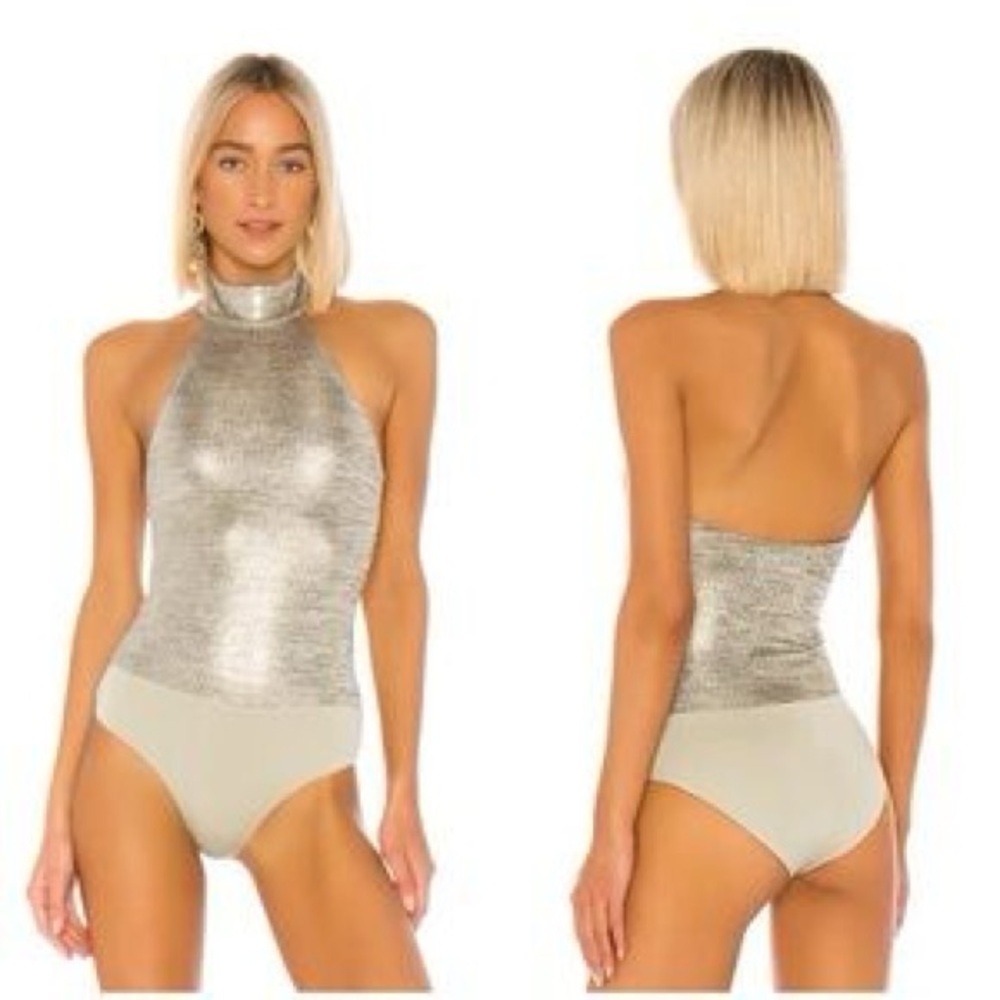 House of Harlow 1960 Metallic Silver Halter Bodysuit - Picture 2 of 16